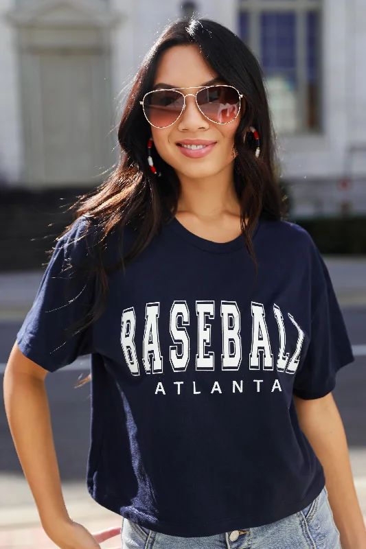 Navy Atlanta Baseball Cropped Tee Hooded Caped Shawl Collar