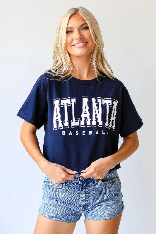 Navy Atlanta Baseball Cropped Tee Embroidered Appliqued Beaded