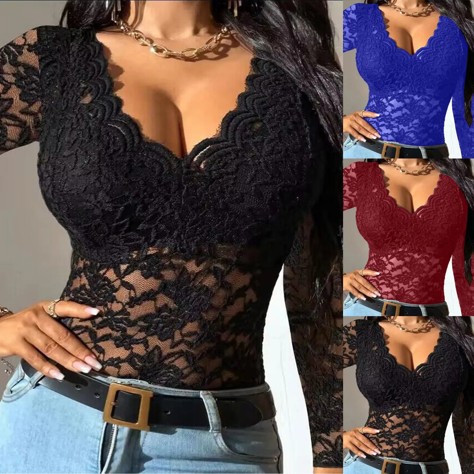 New Women Slim Tunic Lace V Neck T-shirt Elegant Summer Long Sleeve Flower Embroidery See-through Shirt Tops Blouse Machine Wash Dry Clean Hand Wash