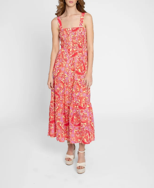 Nicole Miller Printed Smocked Midi Dress Chic Lace Detail Midi Dress