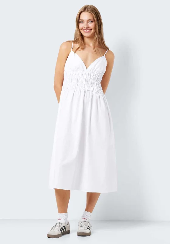 Noisy May Ingrid Smock Midi Dress, Bright White Stylish Midi Dress with Cuffs