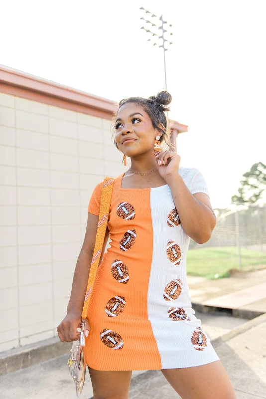 Orange & White Football Knit Mini Dress Comfortable Smocked Mini Dress