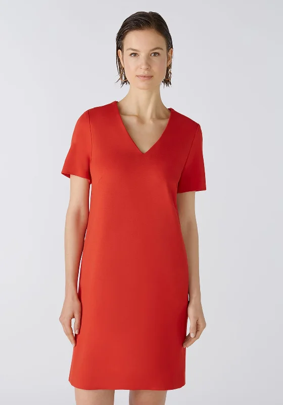 Oui V-Neck Heavy Jersey Straight Fit Mini Dress, Aura Orange Casual Mini Dress with Pockets