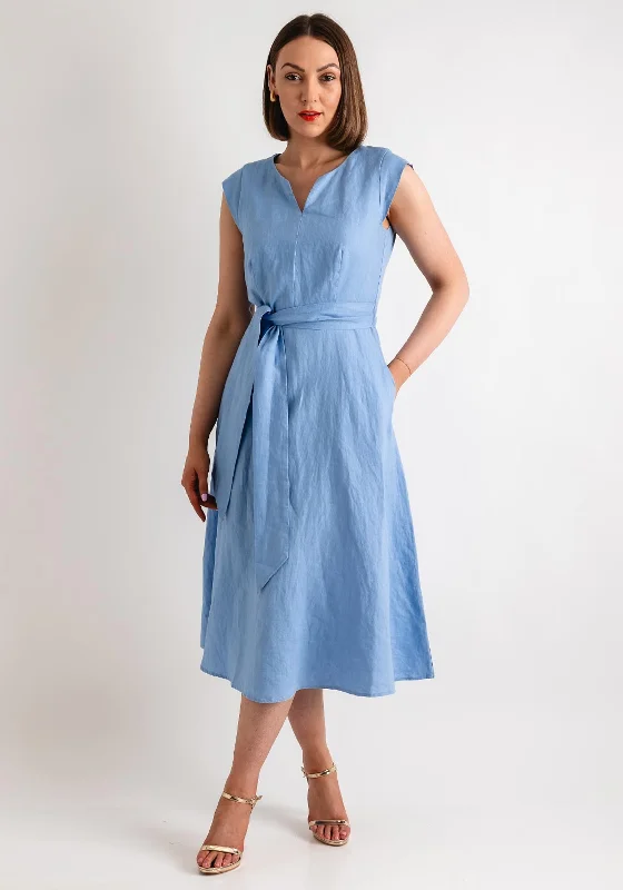 Oui Linen Cotton Fit and Flare Midi Dress, Light Blue Elegant Faux Wrap Midi Dress