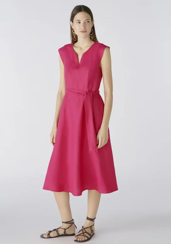 Oui Linen Cotton Fit and Flare Midi Dress, Pink Trendy Mock Neck Midi Dress