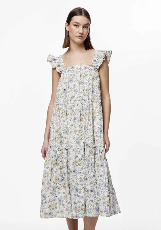 Pieces Mary Floral Midi Dress, Cloud Dancer Comfortable Short Sleeve Midi Dress