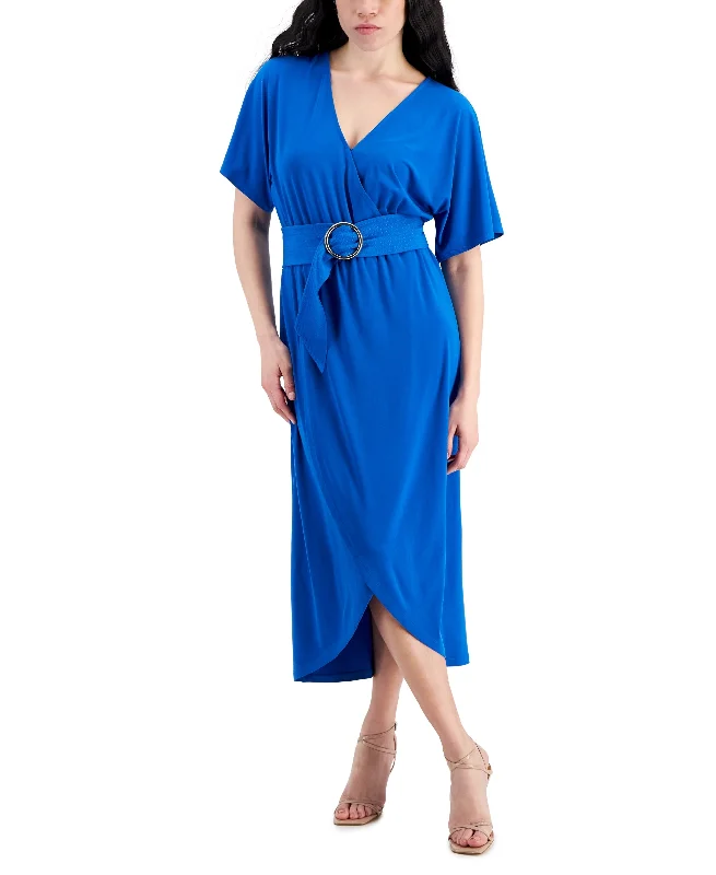 Petite Belted Faux-Wrap Midi Dress Fashionable Wide Leg Midi Dress