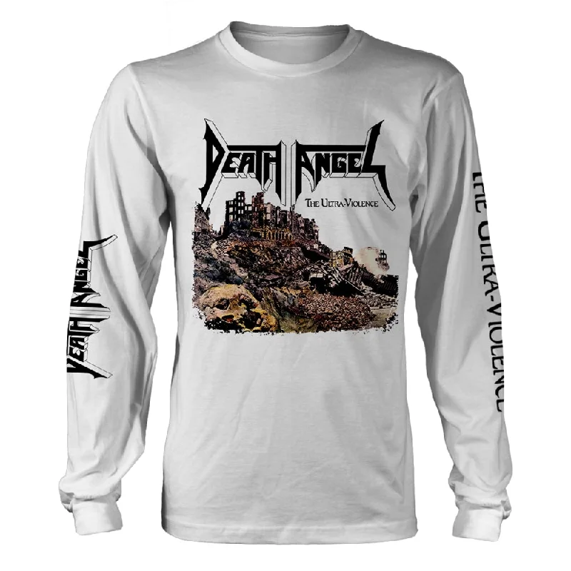 Death Angel Unisex Long Sleeved T-shirt: The Ultra-Violence (White) (back print) Mesh Blend Leather Blend Suede Blend