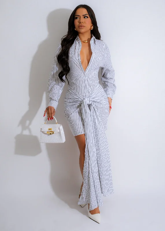 Pinstripe Elegance Mini Dress White Trendy Cut-Out Mini Dress