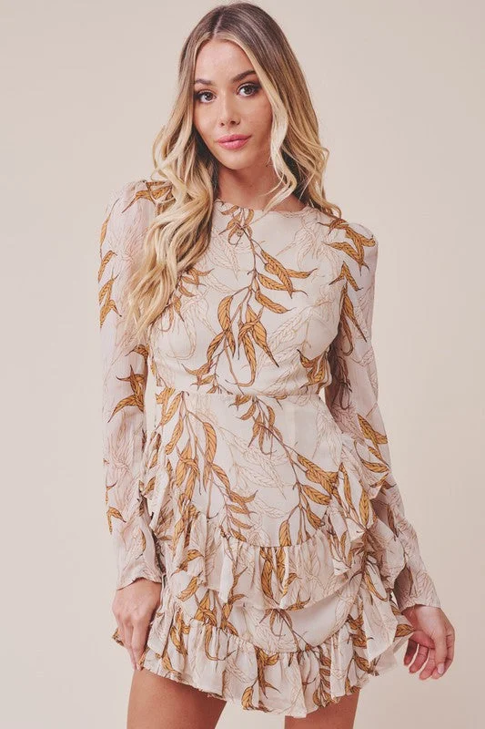 Printed Ruffle Long-Sleeved Tiered Mini Dress Trendy Button-Detail Mini Dress