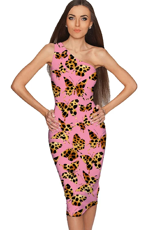 Quaintrelle Layla Pink Butterfly Print Chic Bodycon Midi Dress - Women Elegant Satin Button Midi Dress