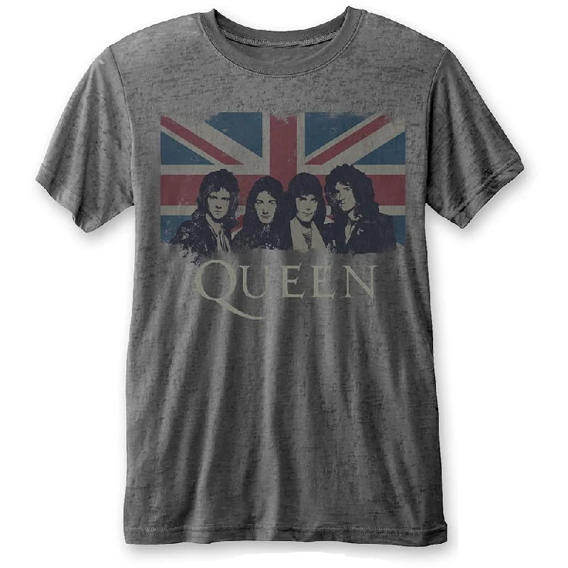 Queen Unisex Fashion T-Shirt: Vintage Union Jack (Burn Out) Front Pockets Side Pockets Patch Pockets