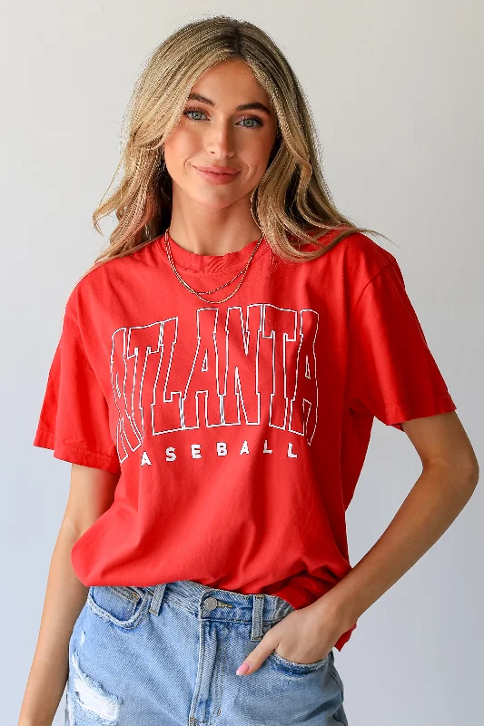 Red Atlanta Baseball Block Letter Tee Silk Blend Satin Velvet