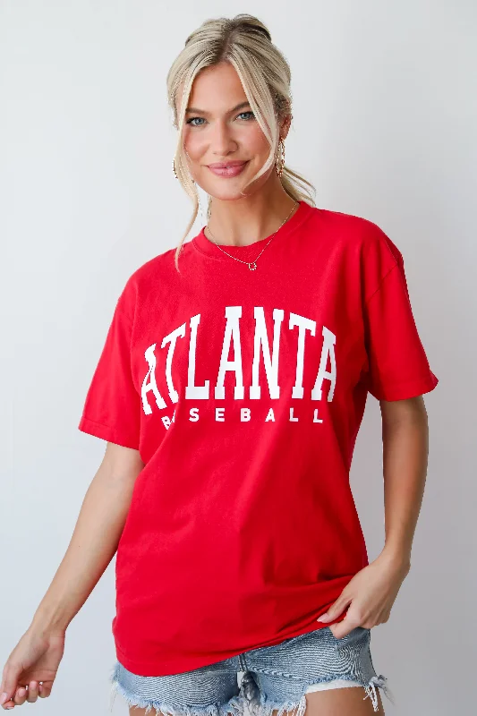 Red Atlanta Baseball Tee Asymmetrical Pockets Print