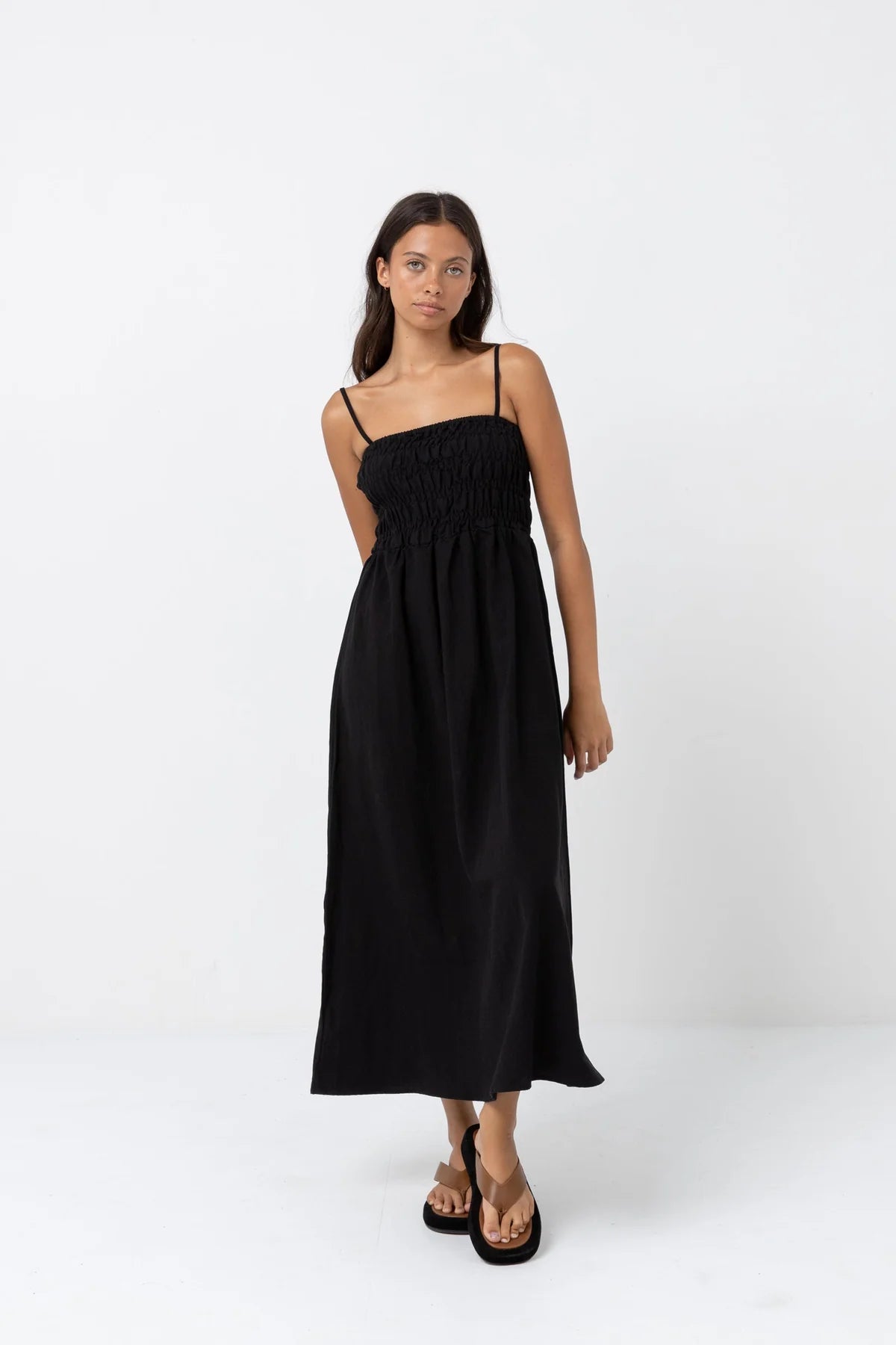 RHYTHM CLASSIC SHIRRED MIDI DRESS - BLACK Fashionable Wide Leg Midi Dress