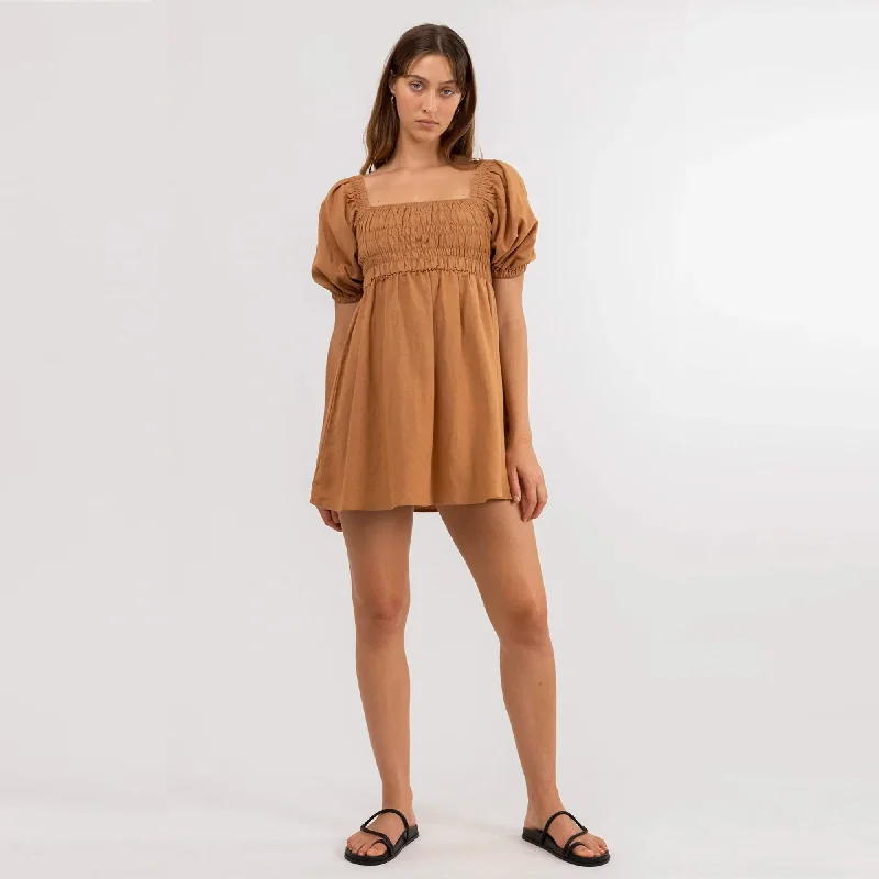 Rhythm Saskia Smocked Women's Mini Dress - Biscuit Comfortable Off-Shoulder Mini Dress