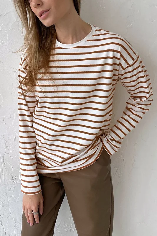 Round Neck Striped Dropped Shoulder T-Shirt Boxy Fit Fitted Loose