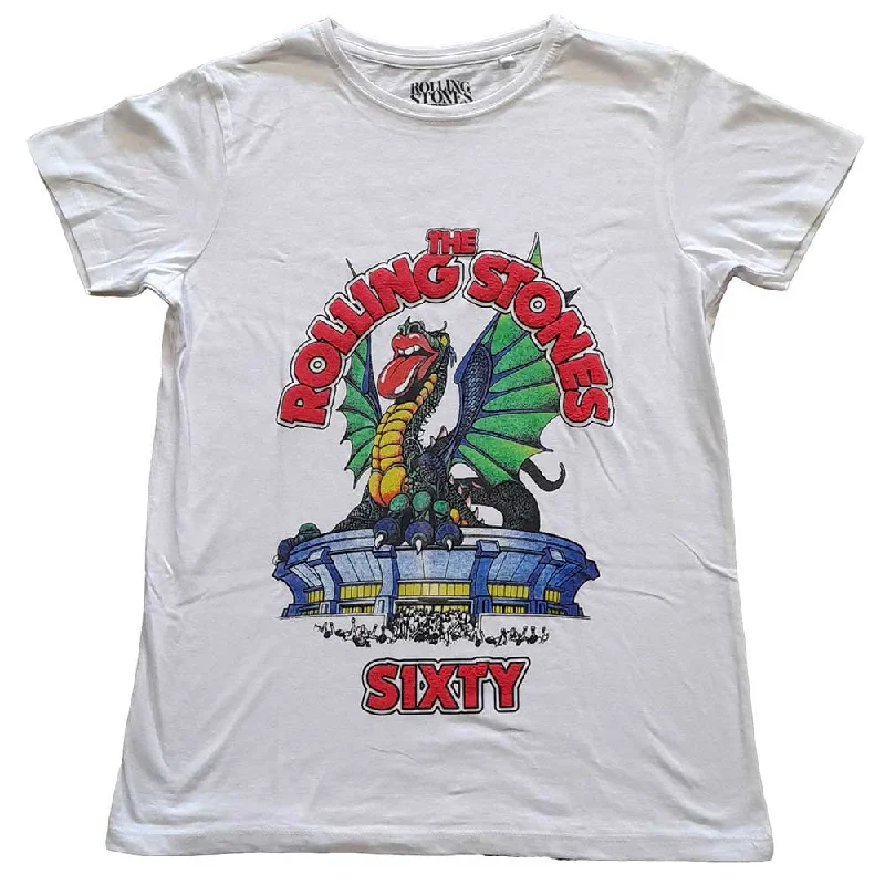 The Rolling Stones Ladies T-Shirt: Sixty Stadium Dragon (Puff Print) Zippered Buttoned Snapped