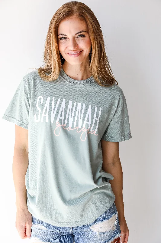 Sage Savannah Georgia Script Tee Notch Collar Peter Pan Collar Cowl Neck