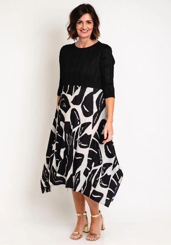 Thanny Pleated Abstract Print Midi Dress, Black Fashionable High-Low Midi Dress