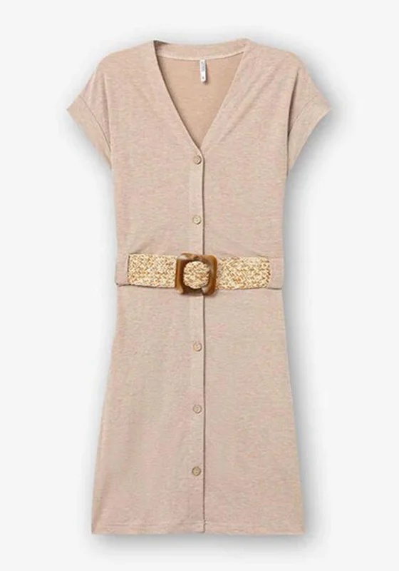 Tiffosi Chile Woven Belt Mini Dress, Beige Cozy Ruched Mini Dress