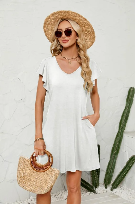 Ruffle Sleeve Shirt Cover Up Beach Mini Dress Chic Bohemian Mini Dress