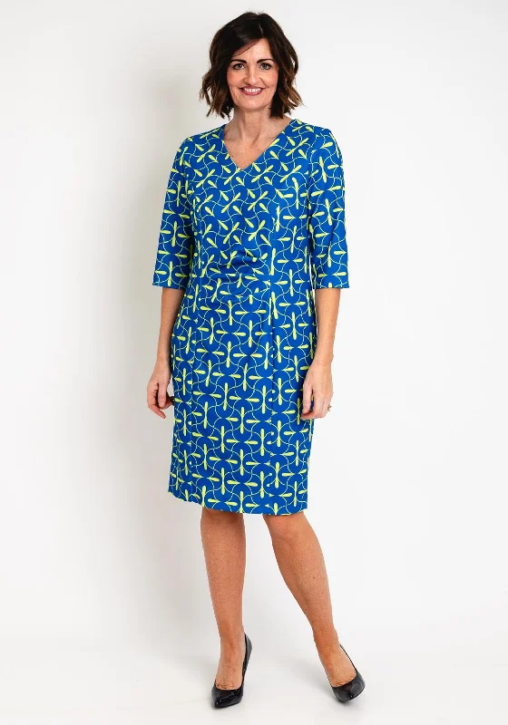 Via Veneto Printed Ruched Midi Dress, Royal Blue & Lime Elegant Pleated Sleeve Midi Dress