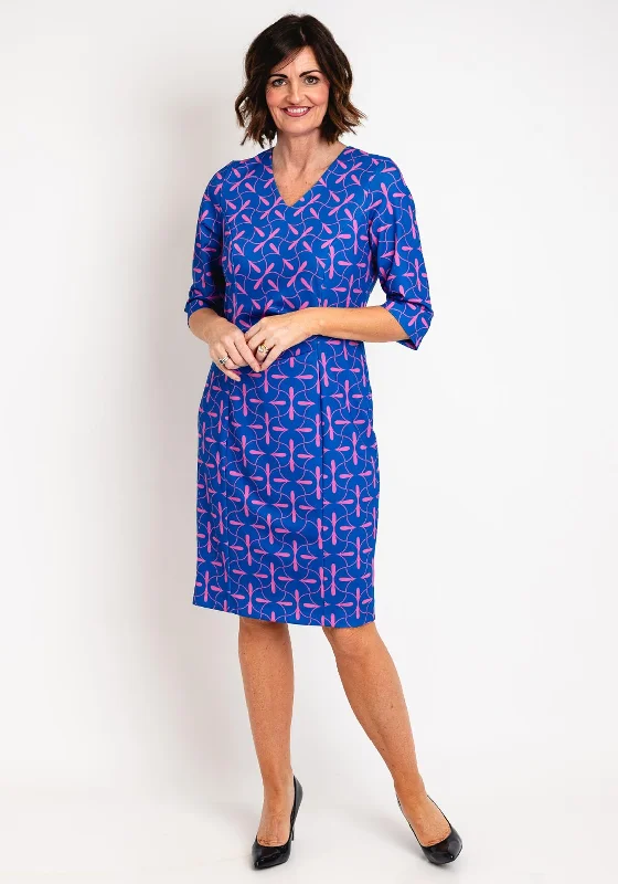 Via Veneto Printed Ruched Midi Dress, Royal Blue & Pink Trendy Square Neck Midi Dress