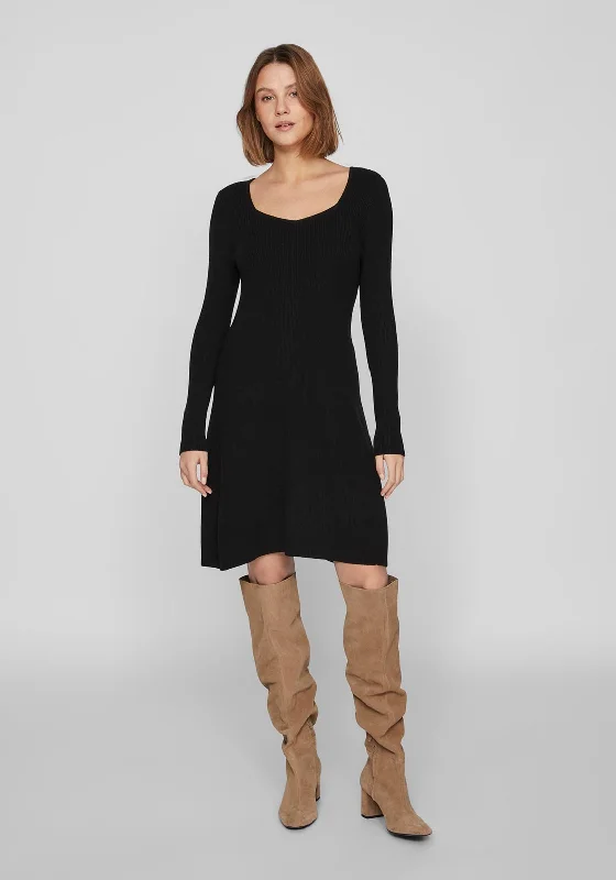 Vila Maxinia Square Neck Rib Knit Mini Dress, Black Fashionable Off-Shoulder Mini Dress