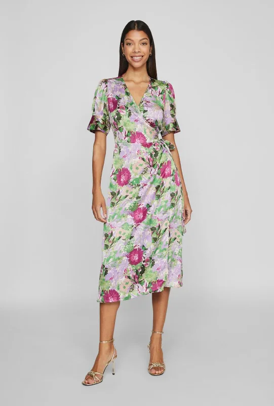 Vila Naria Floral Wrap Midi Dress, Fern Green Fashionable One-Shoulder Midi Dress