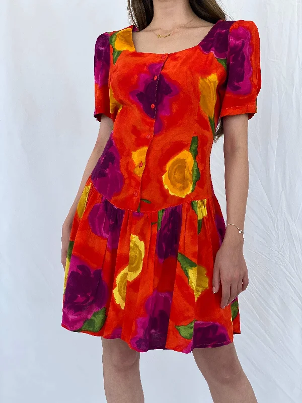 Vintage 80s La Li T Orange Floral Midi Dress - L Fashionable A-Line Midi Dress