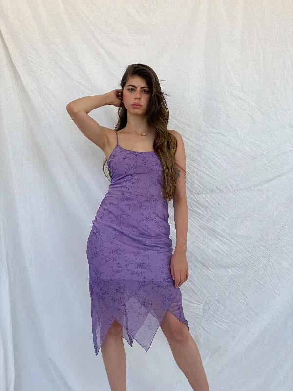 Vintage 90s Byer Too! Lilac Floral Midi Dress - S/M Fashionable Sheer Sleeve Midi Dress