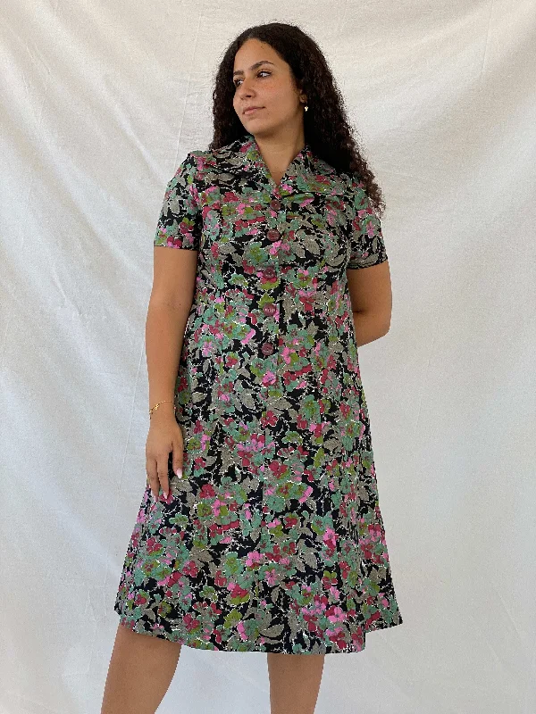 Vintage Handmade Floral Picnic Black and Green Midi Dress - L Stylish Off-Shoulder Ruffle Dress