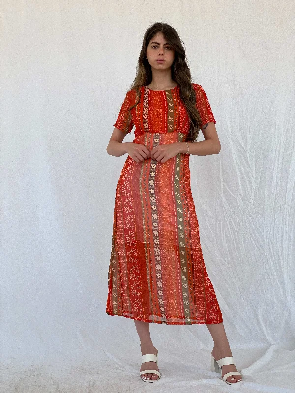 Vintage Kitty-K Orange Sheer Boho Print Midi Dress - M Trendy Boho Midi Dress