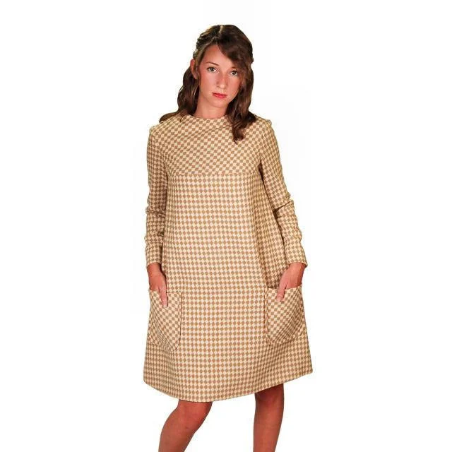 Vintage Mod Mini Dress Wool Hounds-tooth Check Craig 1970S 36 Bust Trendy Lace Mini Dress