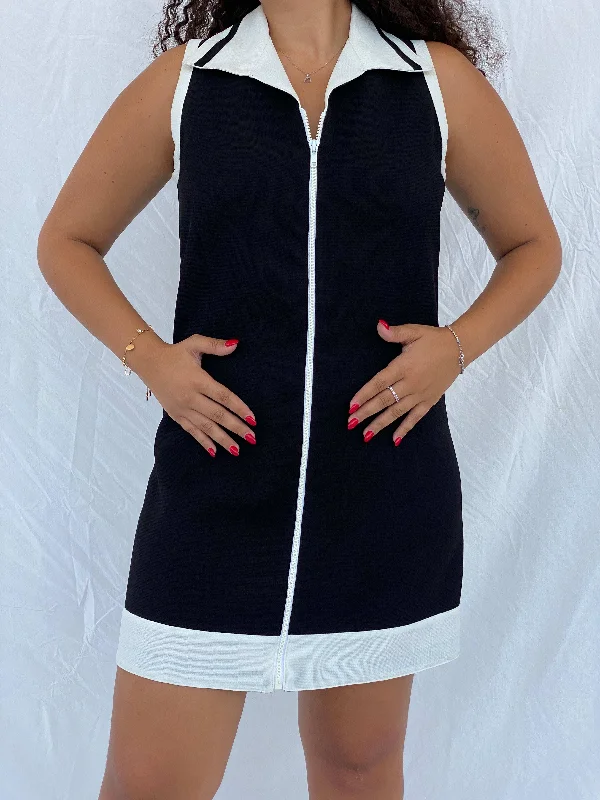 Vintage Handmade Zip-Up Tennis Style Black Midi Dress with White Collar - L Comfortable Draped Midi Dress