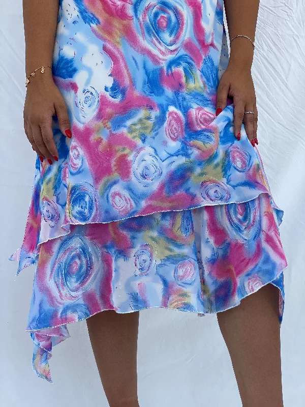 Vintage TYC Blue and Pink Floral Spaghetti Strap Midi Dress - XL Comfortable Sleeveless Midi Dress