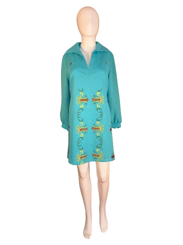 Vintage Wide Lapel Dress Turquoise Hand Painted Mini/Midi Dress 1970s Cozy Midi Dress with Pockets