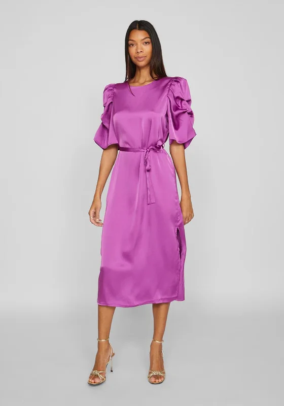 Vila Ravenna Satin Puff Sleeve Midi Dress, Cattleya Orchid Stylish Halter Neck Midi Dress