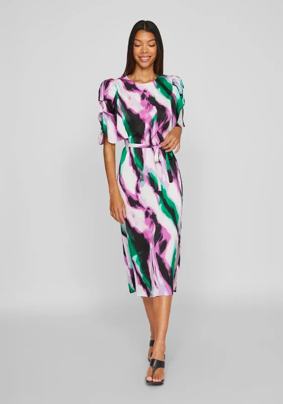 Vila Ravenna Satin Puff Sleeve Midi Dress, Fern Green Elegant Floral Appliqué Midi Dress