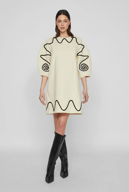 Vila Sada Embroidered Cotton Mini Dress, Cloud Dancer Cozy Cowl Neck Mini Dress