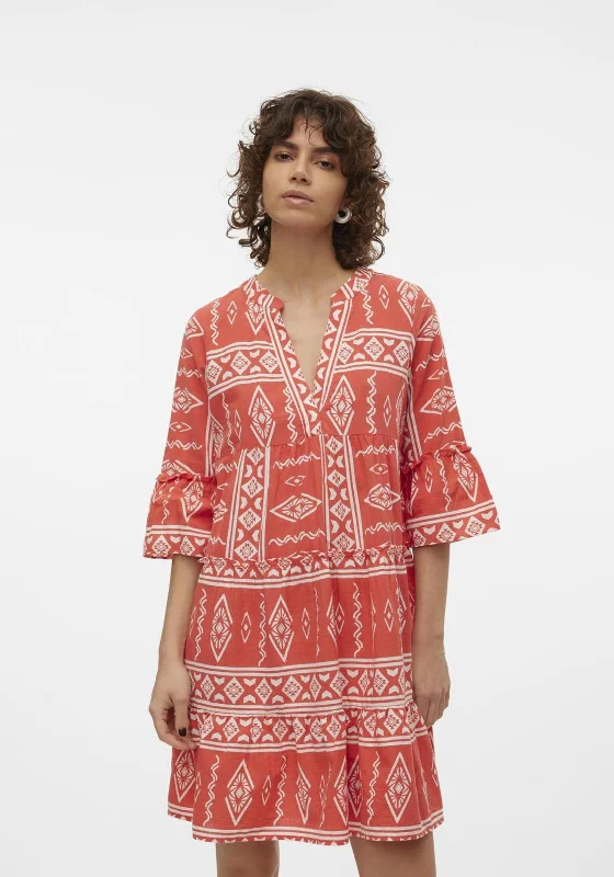 Vero Moda Dicthe Printed Tunic Smock Mini Dress, Cayenne Fashionable Polka Dot Mini Dress