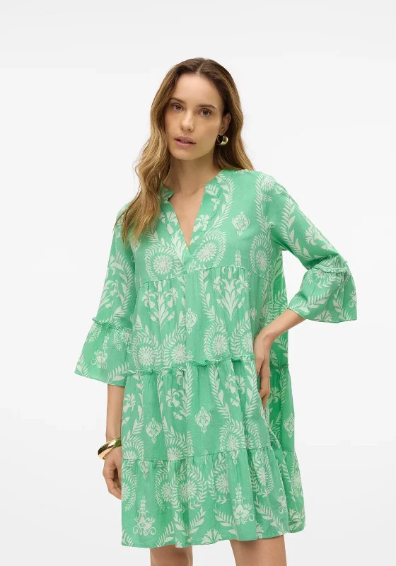 Vero Moda Dicthe Printed Tunic Smock Mini Dress, Green Classic White Mini Dress