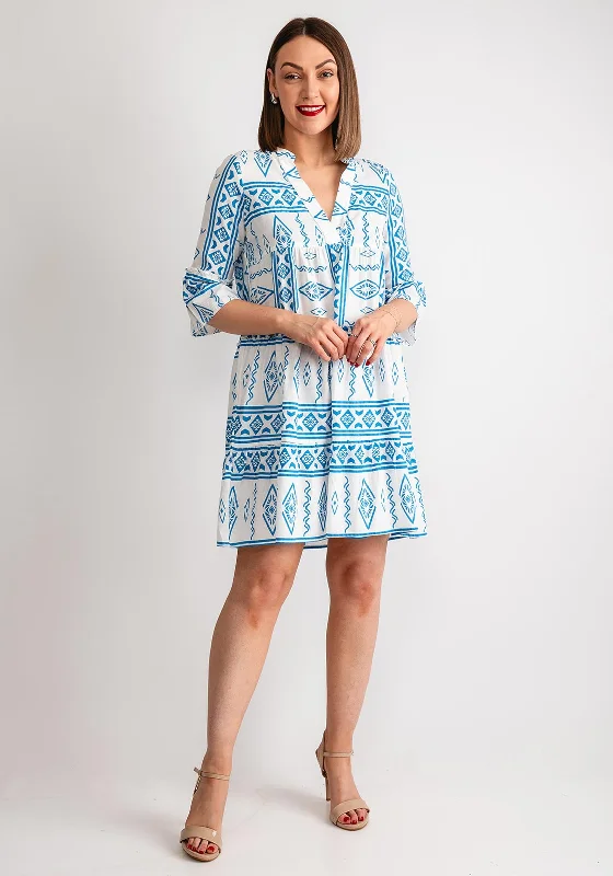 Vero Moda Dicthe Printed Tunic Smock Mini Dress, Snow White & Blue Fashionable Button-Front Mini Dress