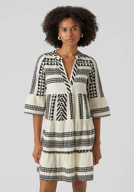 Vero Moda Dicthe Printed Tunic Smock Mini Dress, Snow White & Black Classic Striped Mini Dress