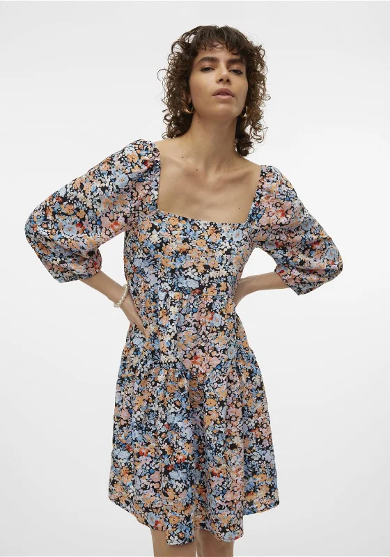 Vero Moda Ginny Floral Mini Dress, Black Stylish Short Sleeve Mini Dress