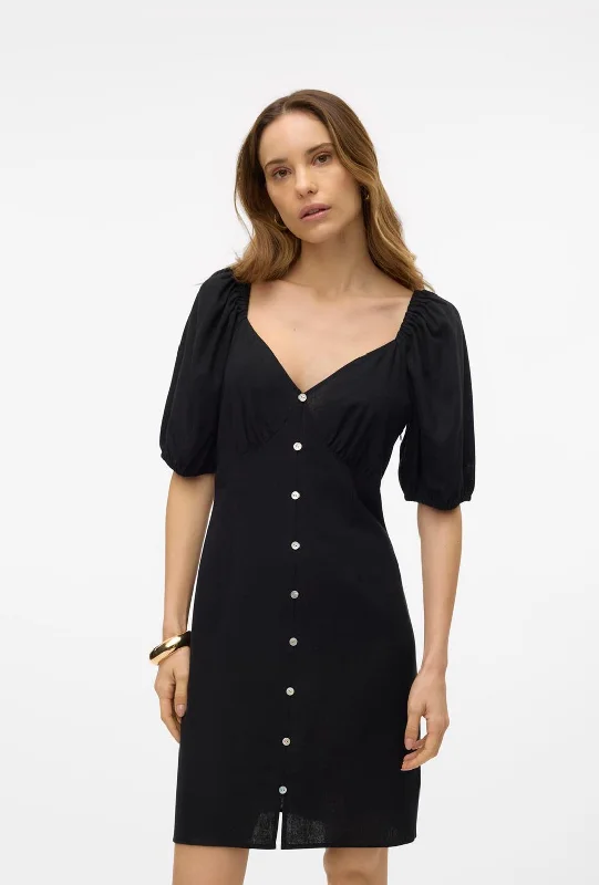 Vero Moda Mymilo Linen Blend Button Mini Dress, Black Classic Floral Print Mini Dress