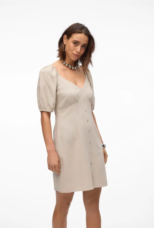 Vero Moda Mymilo Linen Blend Button Mini Dress, Silver Lining Elegant Mini Dress with Ruffles