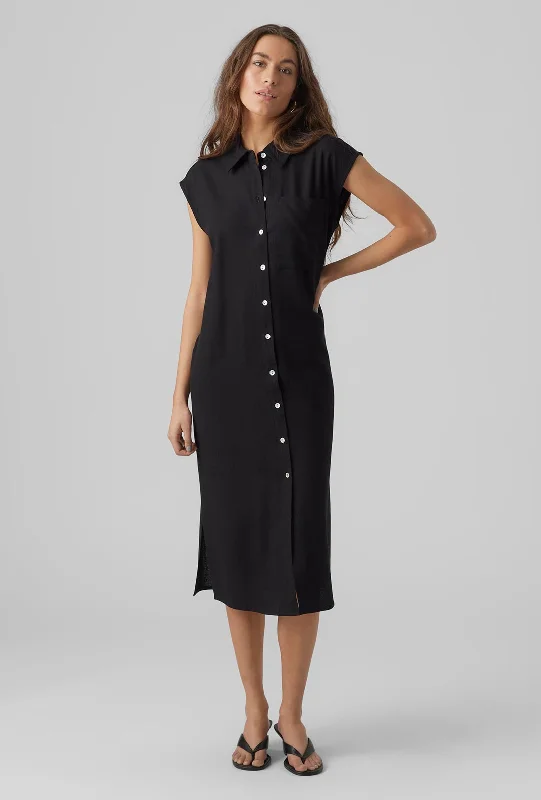 Vero Moda Mymilo Linen Blend Shirt Midi Dress, Black Stylish Button-Down Midi Dress