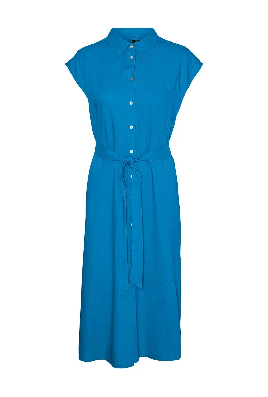 Vero Moda Mymilo Linen Blend Shirt Midi Dress, Ibiza Blue Comfortable Fit-and-Flare Midi Dress